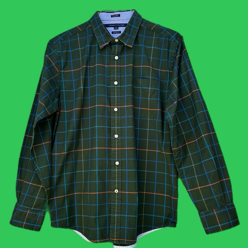TOMMY HILFIGER SIZE L CLASSIC FIT 80s 2 PLY 100% cotton Men's Checkered Shirt